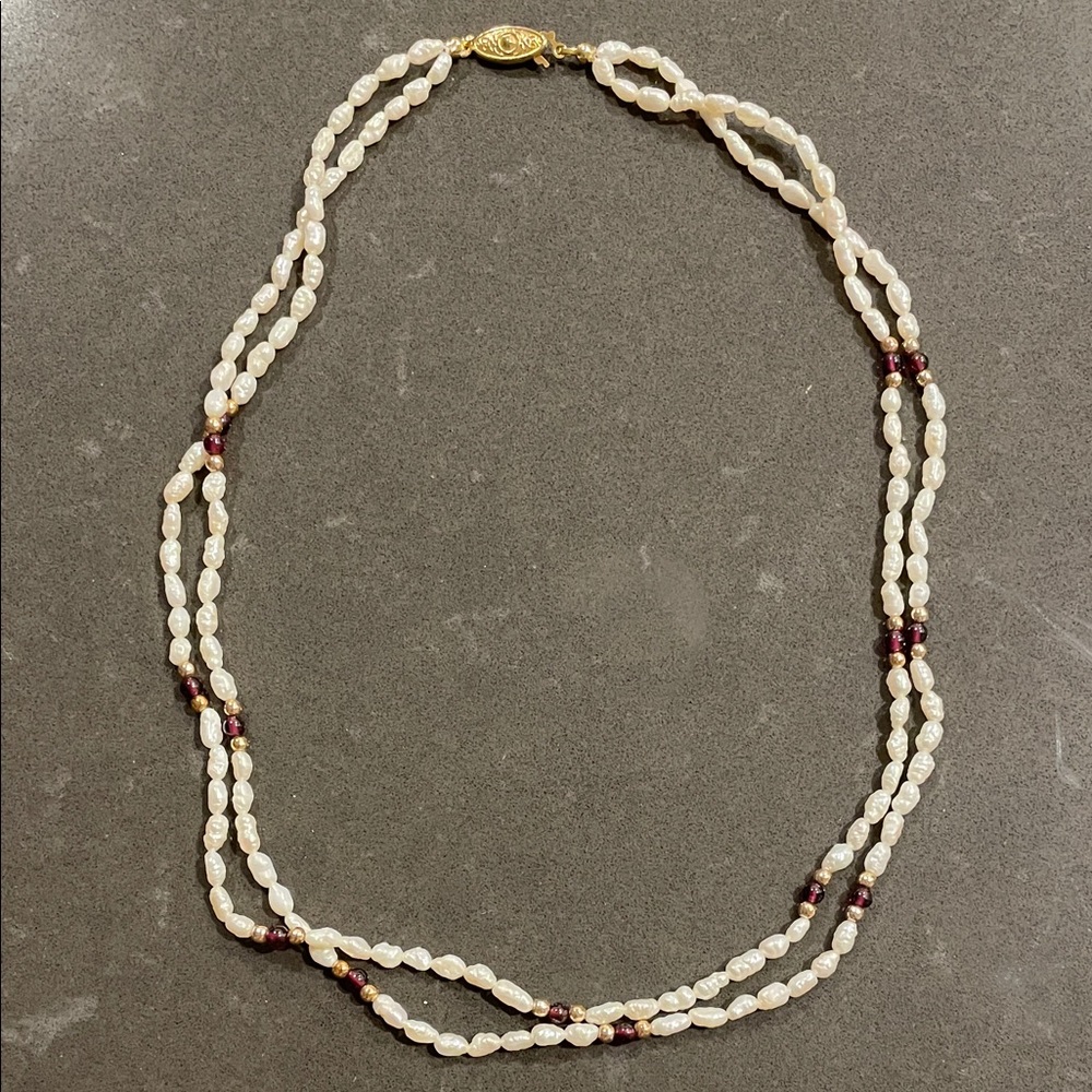Rice Pearl and Purple/Red Bead Fish Hook Necklace